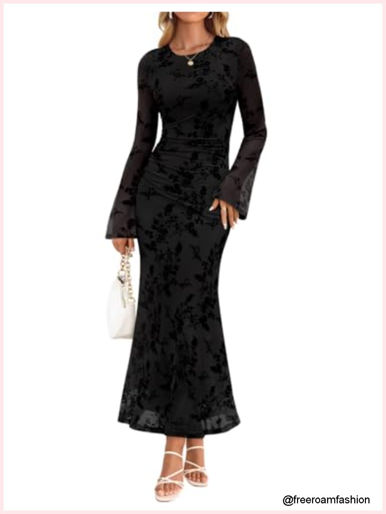 Long Sleeve Floral Bodycon Ruched Mesh Maxi Dress Cocktail Party